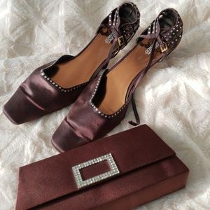Brown purse and shoes with rhinestones